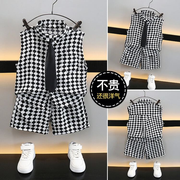 新款2024男童洋气时尚夏季新中大童韩版时髦两件套千鸟格领带套装