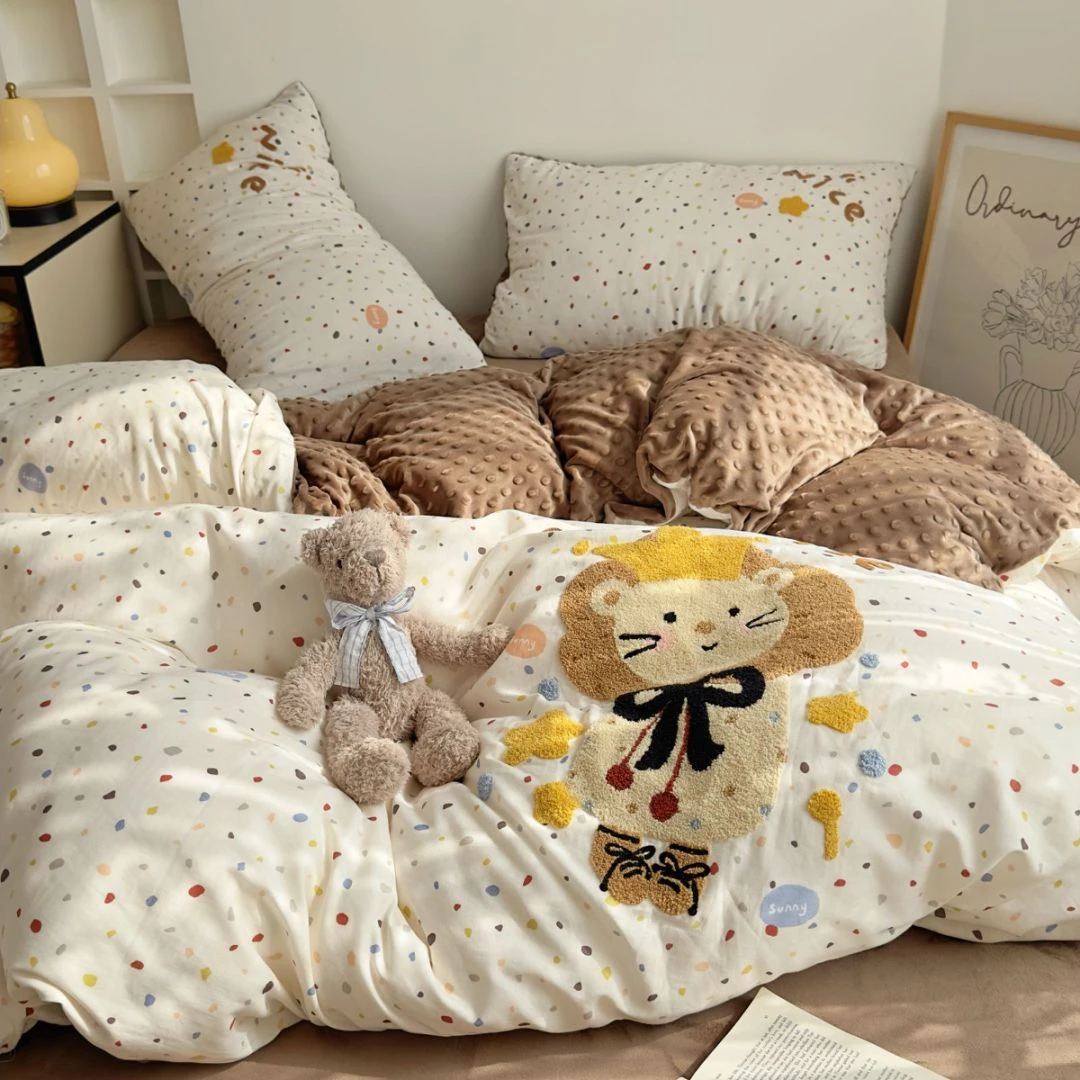 可爱卡通双面可用全棉A面双层纱毛巾绣B面宝宝豆豆绒四件套可机洗