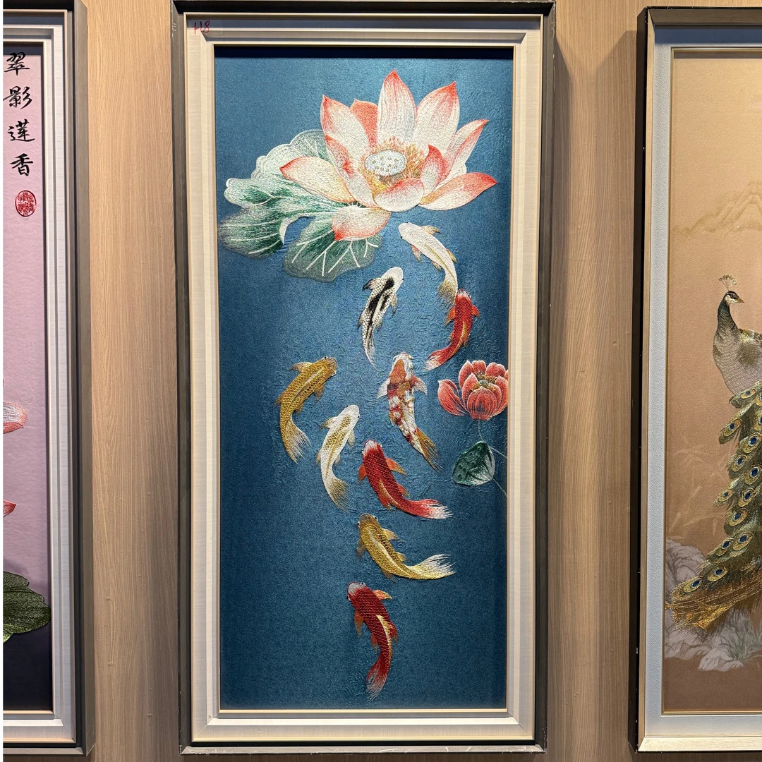 九鱼聚财L3刺绣玄关装饰画走廊过道背景墙荷花高档壁画80x160