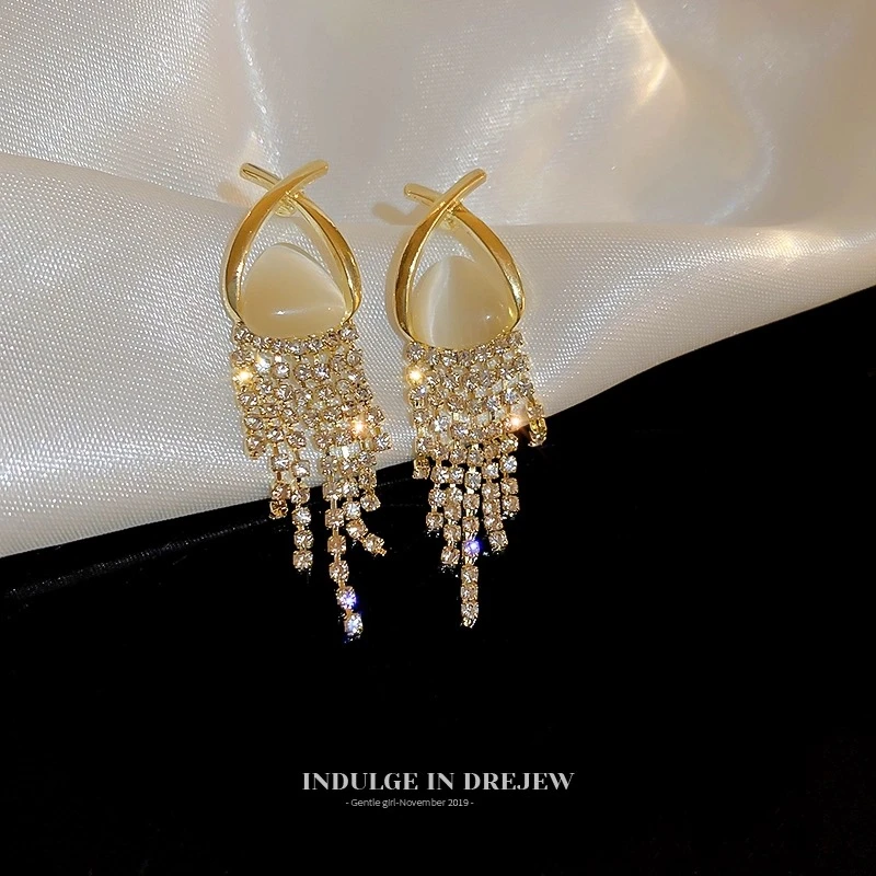 铜合金珐琅耳饰 法式气质镶钻长款流苏耳环个性精致优雅设计感