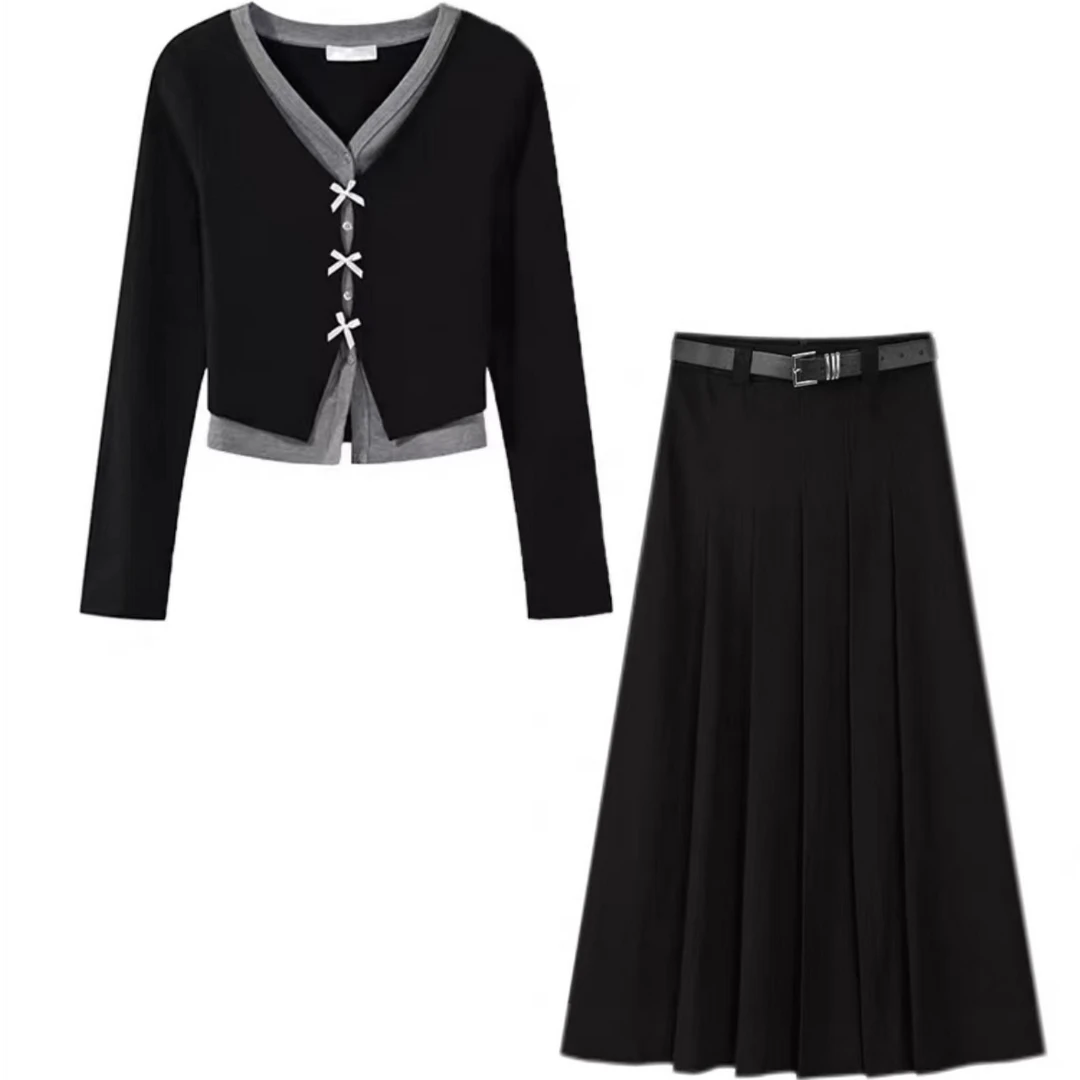 韩国小镇【送皮带】新款针织开衫半身裙高腰显瘦百褶裙气质两件套