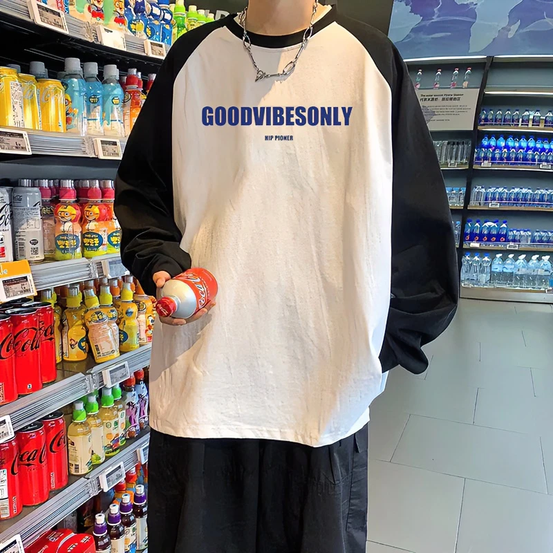 潮牌拼接插肩袖纯棉长袖t恤男士春季新款ins美式宽松打底衫上衣