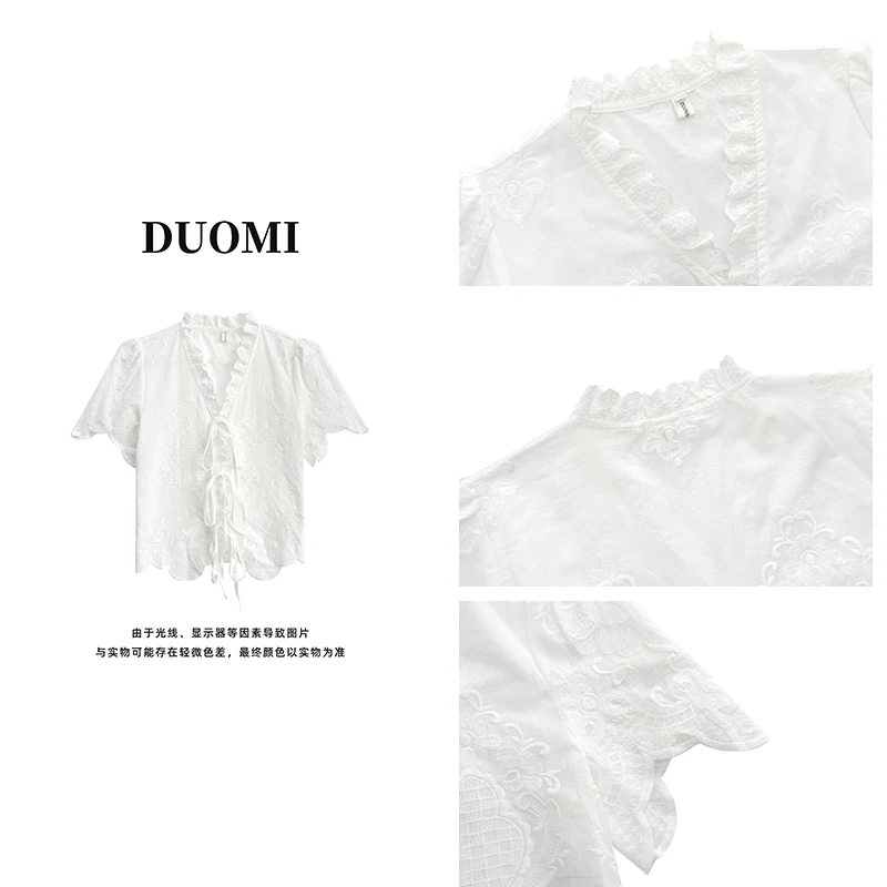 【DUOMI】夏季蕾丝气质白色时尚百搭夏季镂空设计感衬衫D3872