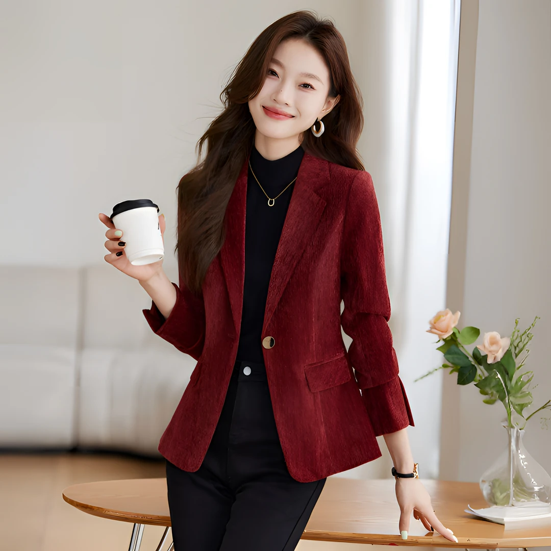 韩版小西装外套女秋冬长袖红色显瘦时尚气质洋气小个子职业小西服