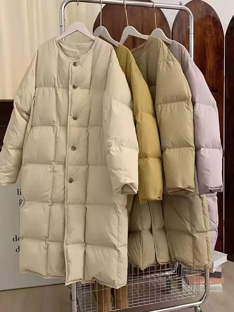90白鸭绒单排扣圆领羽绒服女长款过膝加厚外套  23006