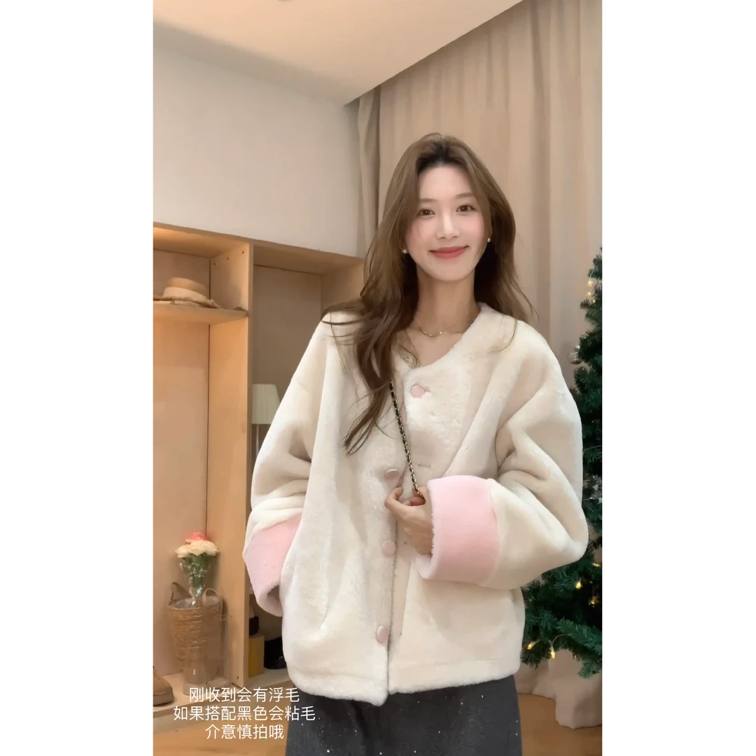 [YS] 年货款拼色精致圆领毛毛外套~ X290