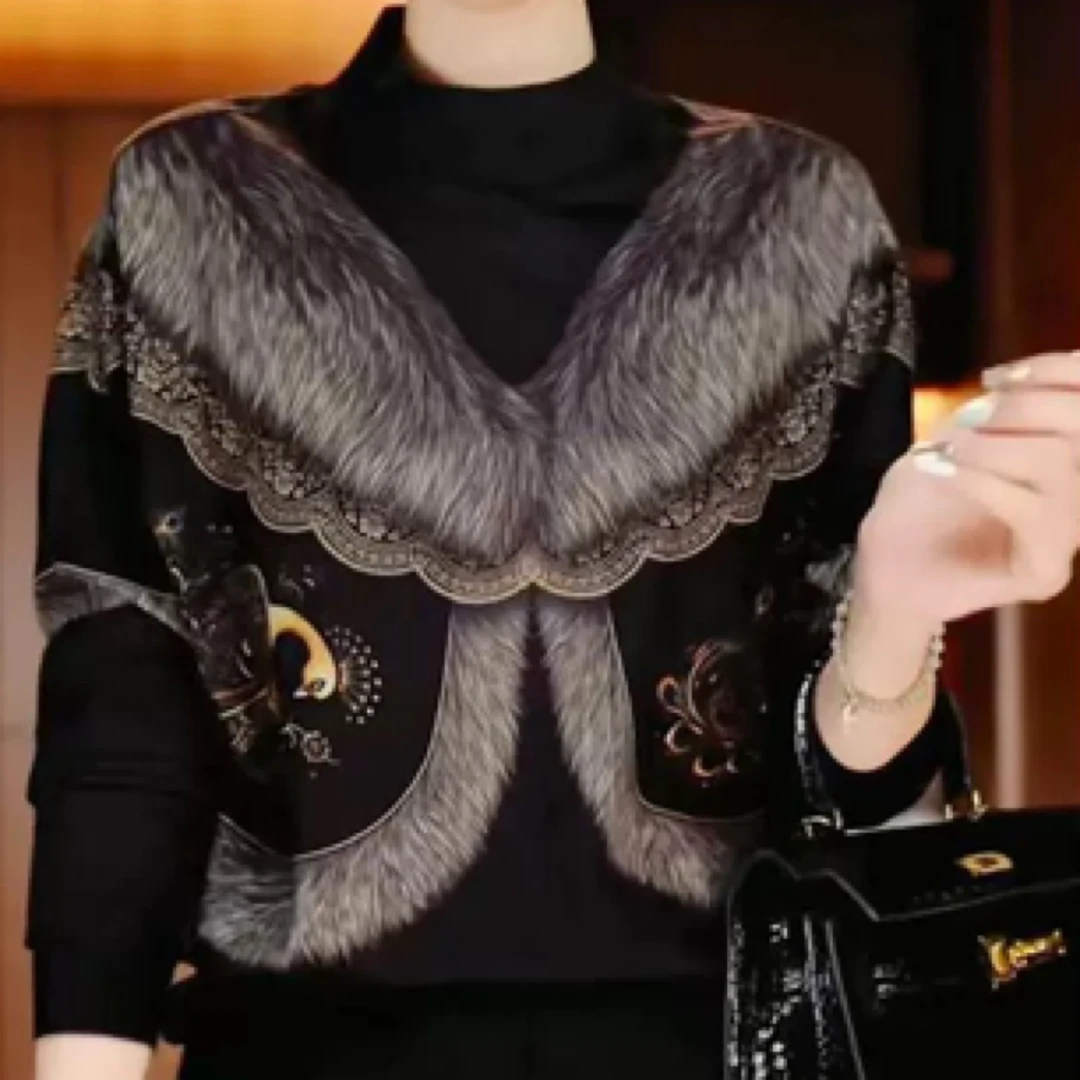 新高端印花女长袖保暖德绒显瘦显白时尚套头上衣减龄气质网红001