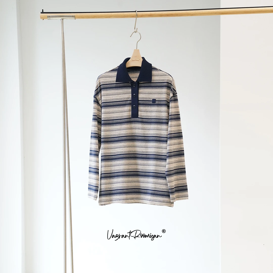 ROOMISAN【1oo精梳棉色织m系POLO领蓝条纹长袖T恤】24710