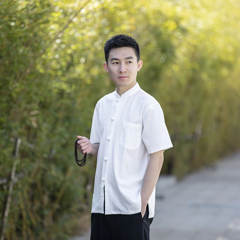 男士立领衬衣半袖衬衫休闲夏季透气短袖汗衫玲珑扣中国风宽松宽松