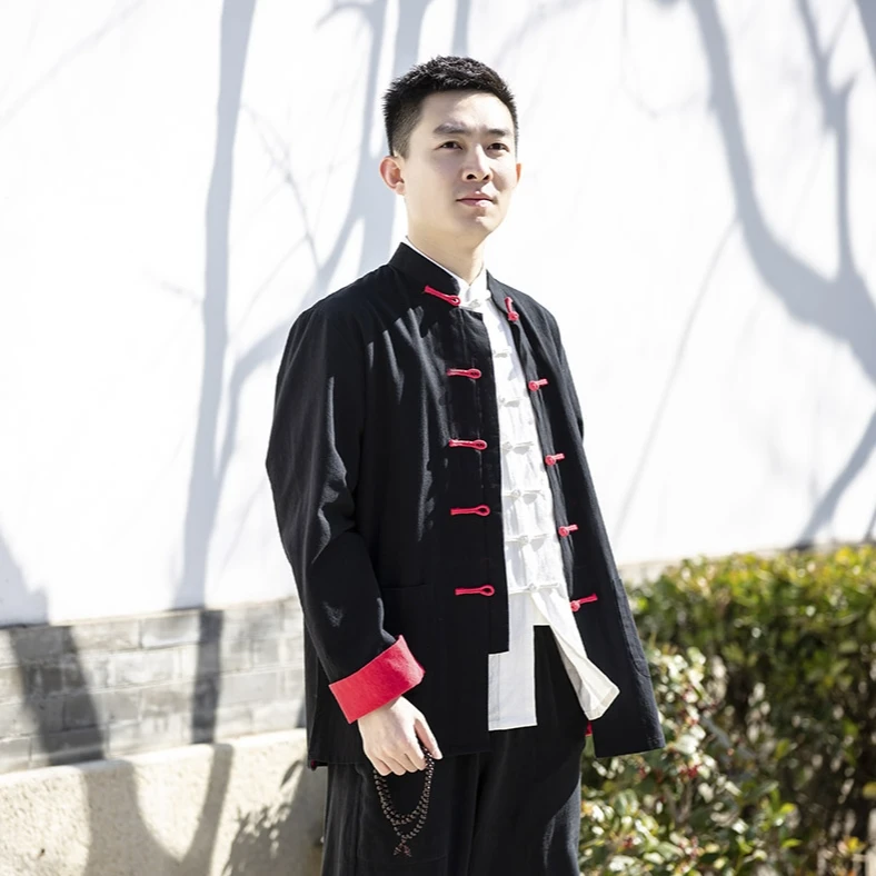 纯棉唐装双层男士男款长袖外套演出服汉服居士服中式上衣太极服