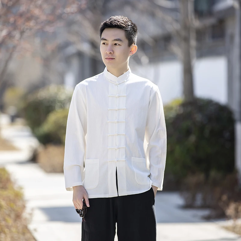 男士长袖唐装中式居士服古风衬衫衬衣复古外套上衣棉麻唐装男款