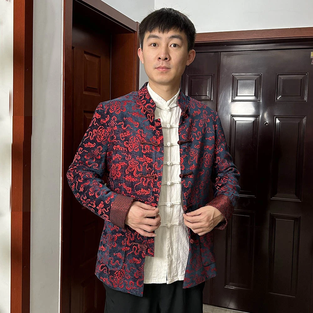 男士休闲复古中式中国风加厚春秋太极服茶艺 居士服立领修身长袖