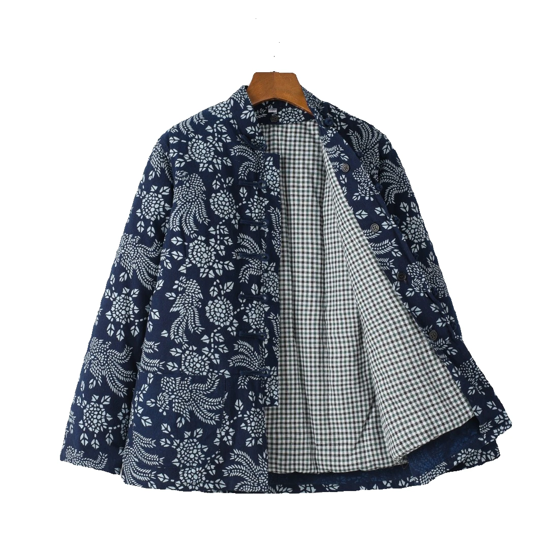 CUBUFQ蓝印花女士棉衣棉袄手工棉花唐装棉服复古外套宽松休闲立领