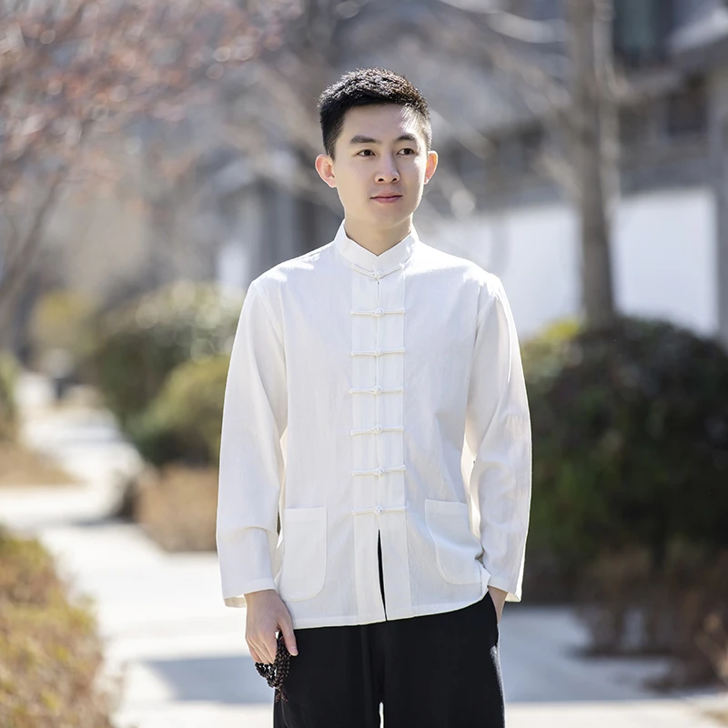男士唐装中式汉服打底衫长袖衬衫盘扣外套立领中国风立领唐装男款