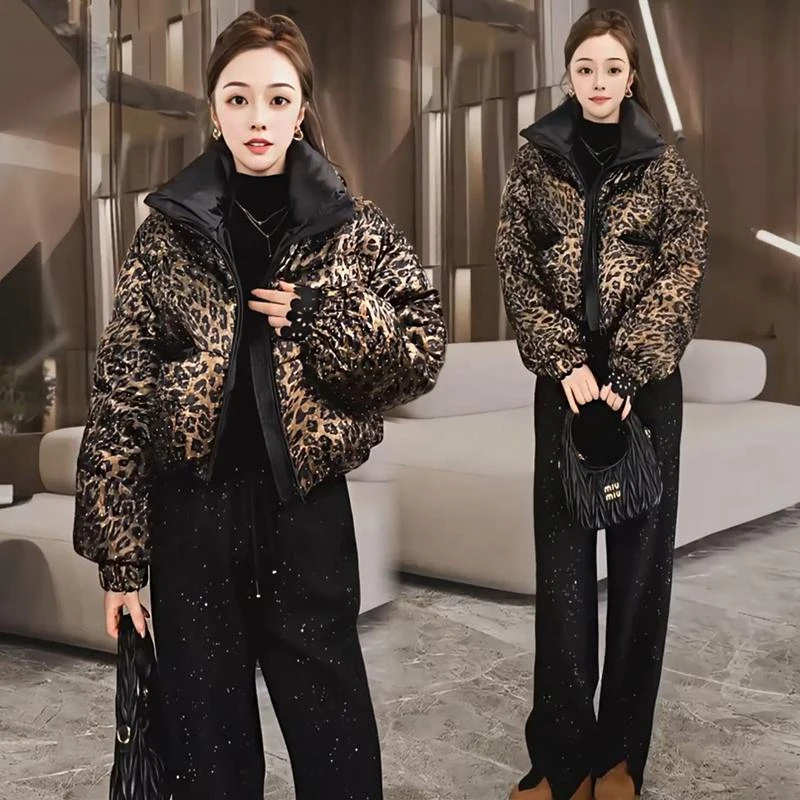 时髦洋气豹纹羽绒棉服女短款2024冬装新款韩版时尚显瘦保暖短外套