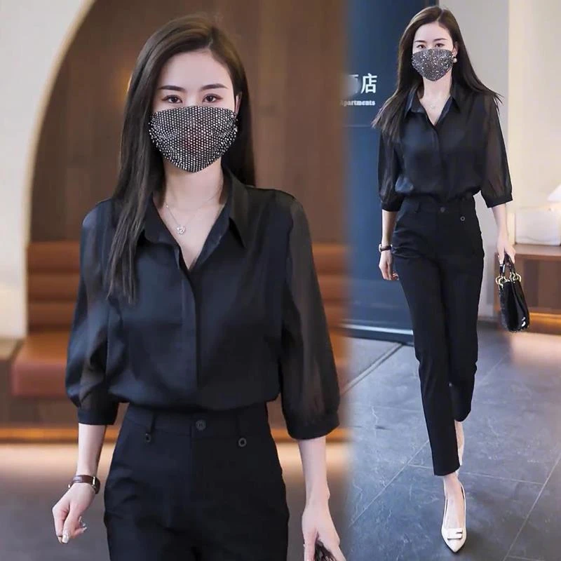 2025新款网红爆款上衣减龄雪纺衬衫遮肚子中袖七分袖衬衣夏春女装