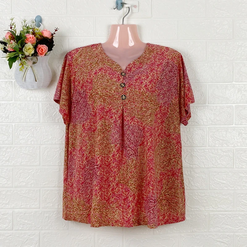 中老年女装夏装大码妈妈短袖冰丝上衣宽松居家圆领加肥加大码时尚