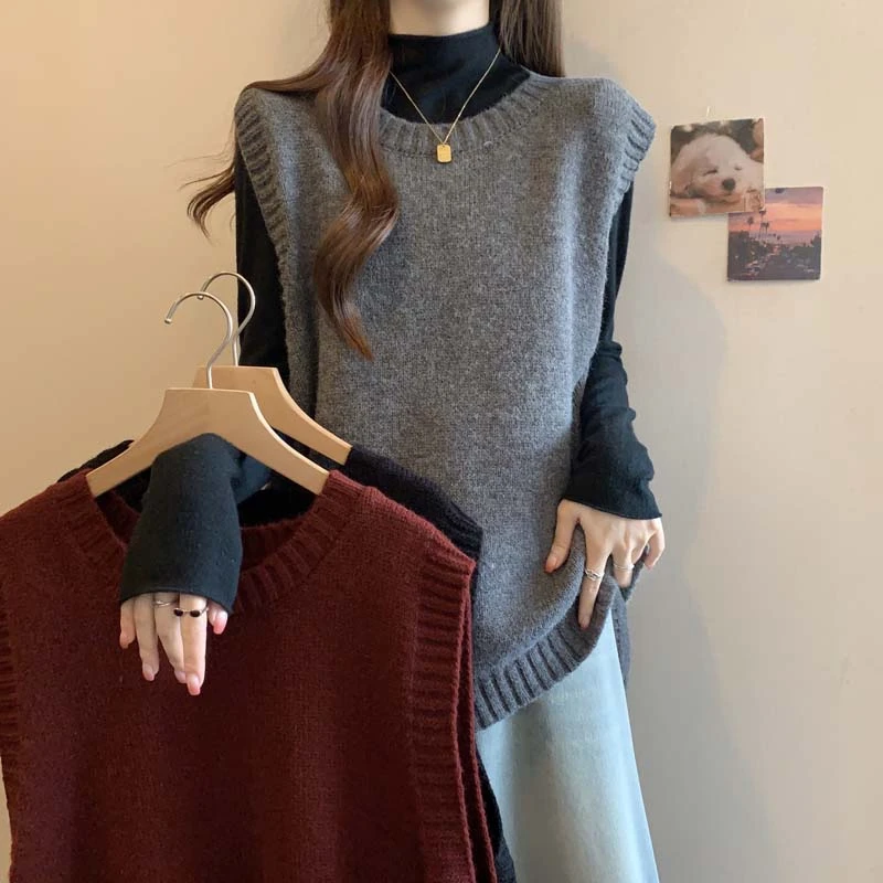【小曹大码】圆领个性套头纯色针织马甲宽松百搭背心上衣-NMDM6972