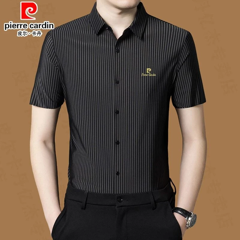 皮尔卡丹正品男士短袖衬衫条纹亿杰中年夏季薄款高档无痕弹力衬衣