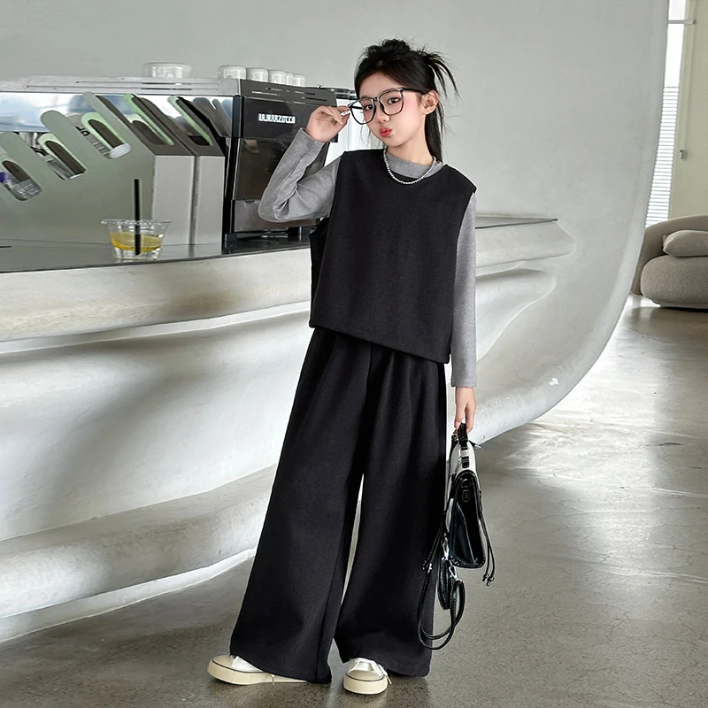 女童春秋套装2025中大童新款洋气秋季爆款马甲时尚儿童三件套潮款