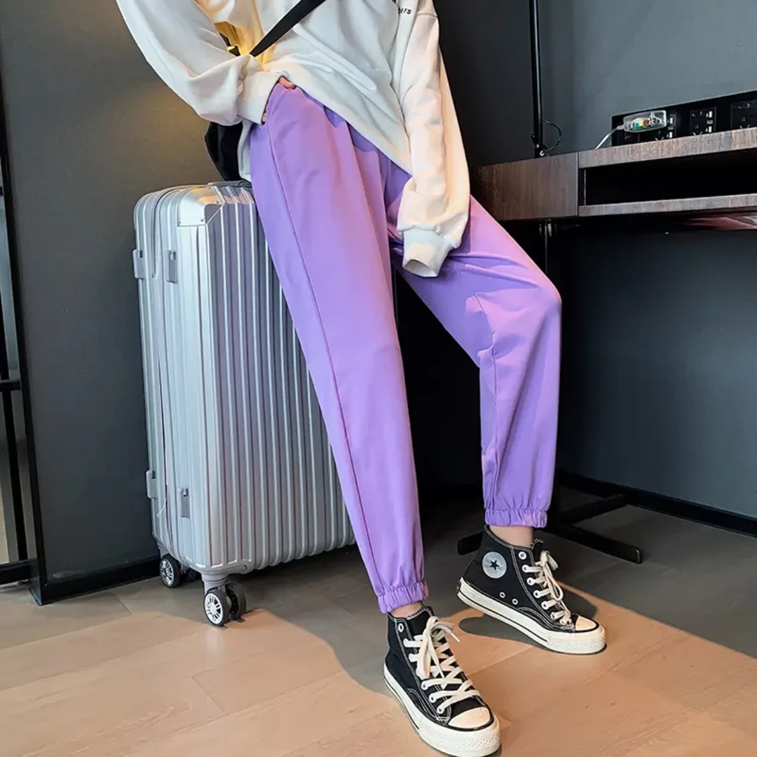 运动休闲裤子女束脚裤春秋新款高腰小个子灯笼卫裤直筒宽松白色裤