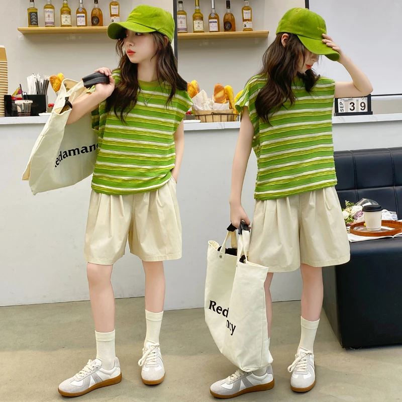 女童夏季凉感无袖条纹套装2024新款6-12岁15岁中大童休闲洋气上衣