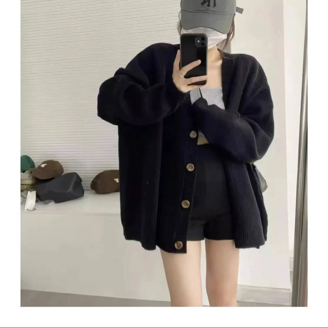 针织毛衣开衫外套女2024年秋冬新款慵懒风宽松简约纽扣v领针织衫