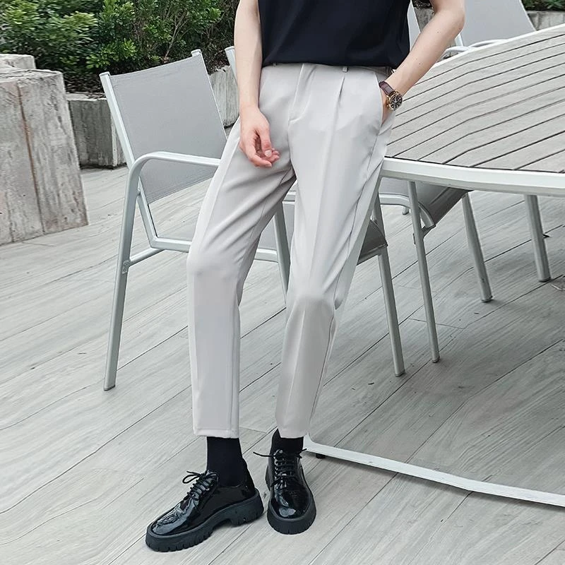 新款松紧腰裤子男款夏季新款百搭九分裤垂感百搭百搭纯色小西裤