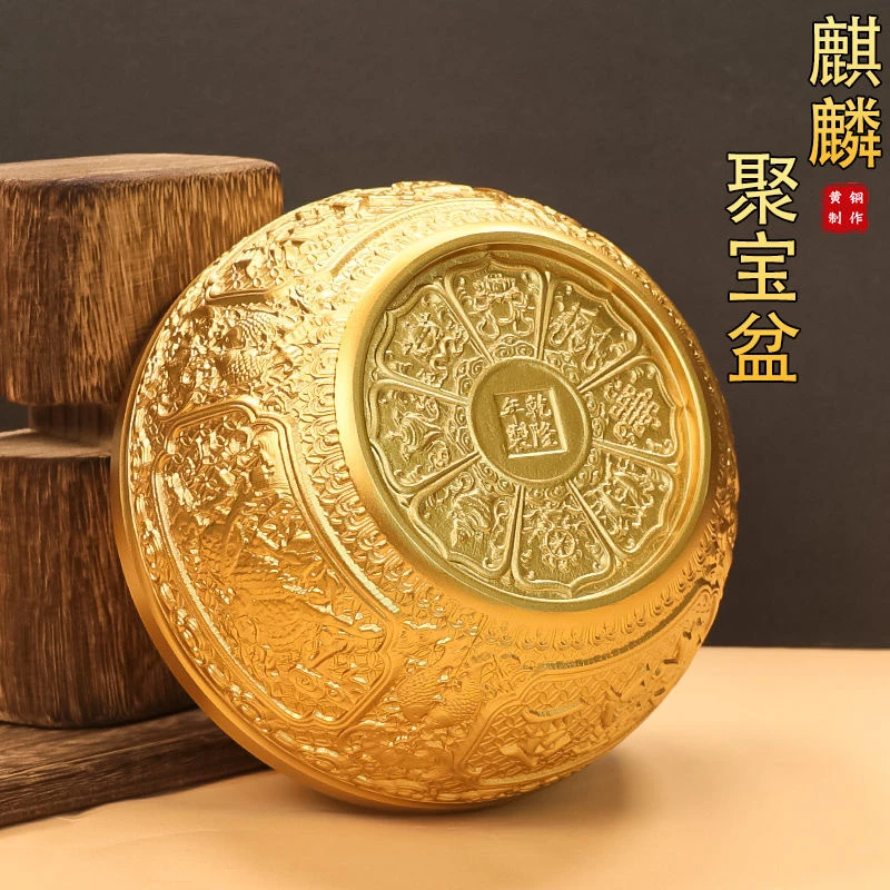 全黄铜麒麟聚宝盆铜缸摆件招米进米家居办公室桌面装饰实心雕刻