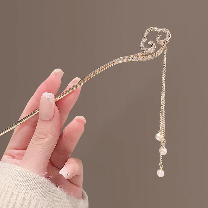 水钻祥云发簪轻奢高级感贝珠流苏发饰古风步摇盘发簪子汉服配饰