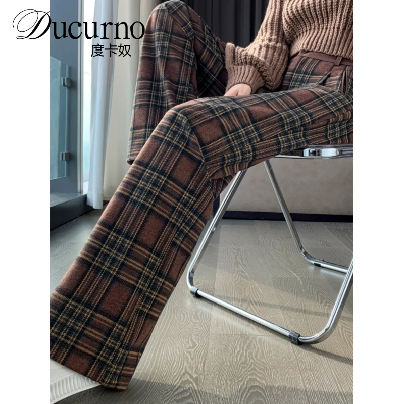 蓝色复古格子裤女2025秋冬窄版阔腿裤子女显瘦直筒新款百搭毛呢裤