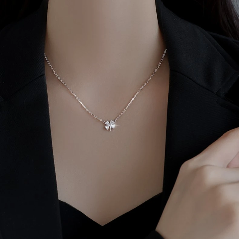 坠链均足银合成锆石 999足银四叶草项链项链女款轻奢小众设计银饰