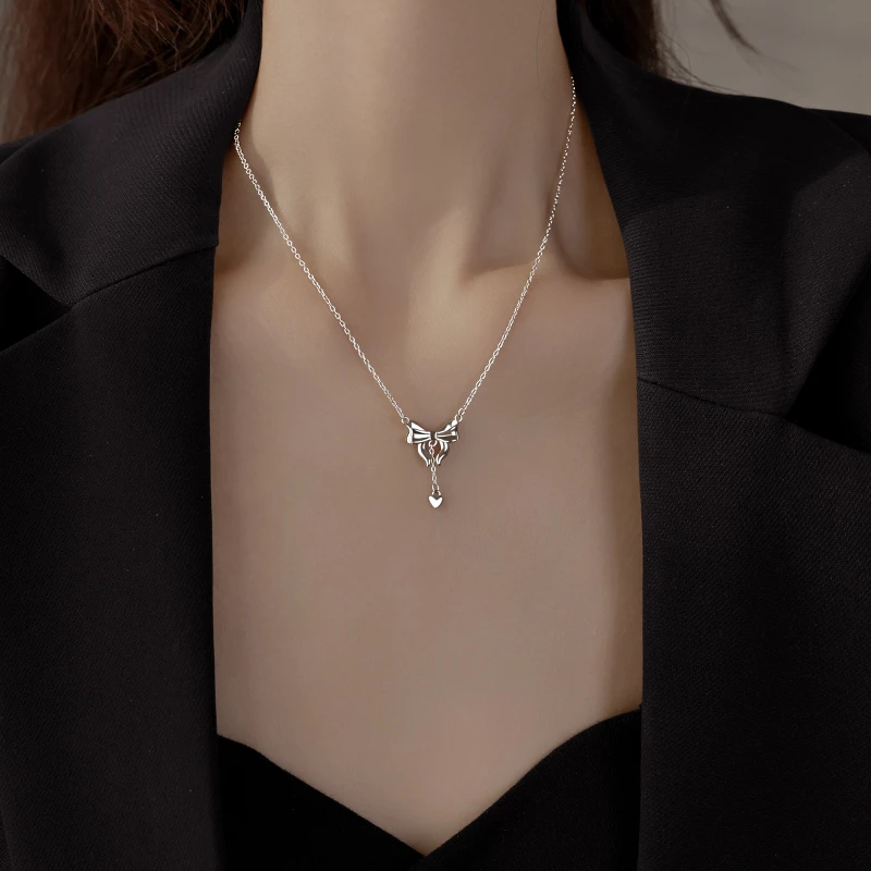 坠链均足银 999足银蝴蝶爱心流苏项链2025新款锁骨链轻奢小众首饰