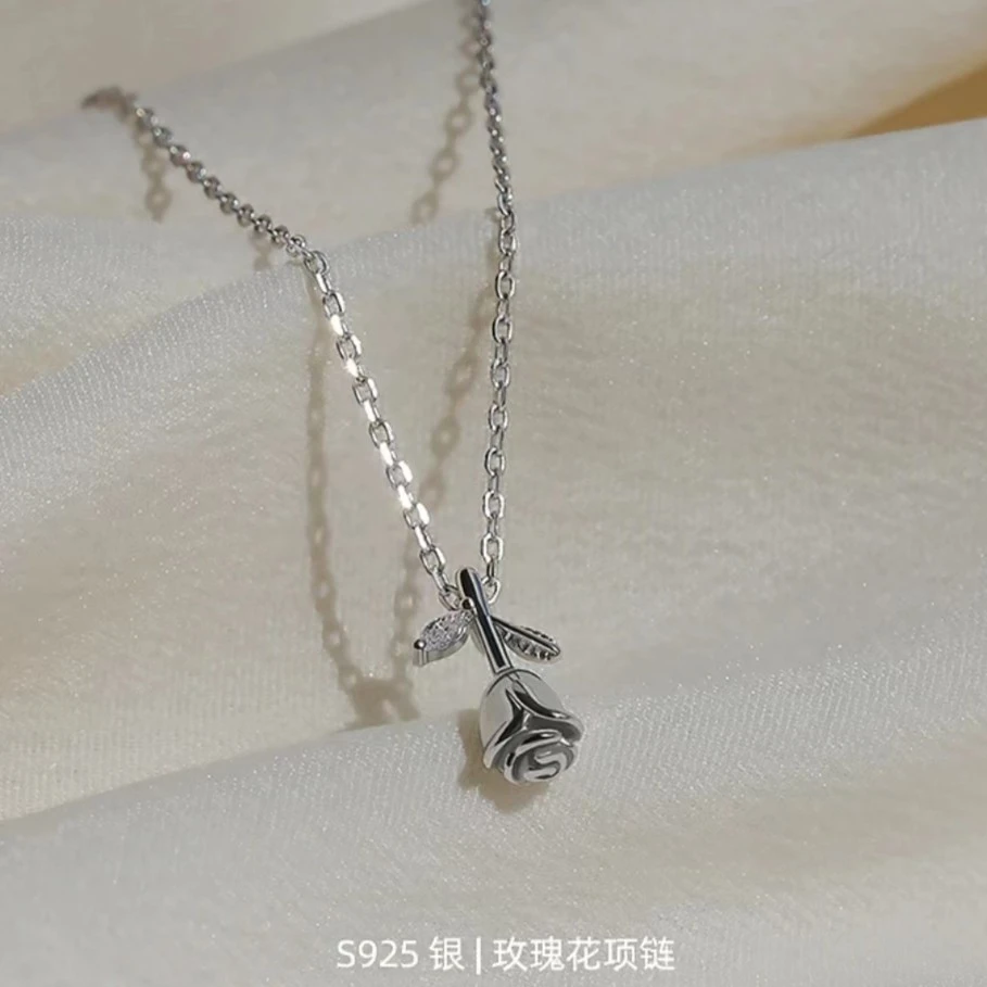 链子925银 925纯银玫瑰花项链女春夏小众设计高级感轻奢百搭颈链