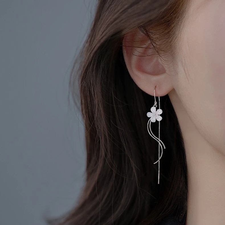 925银树脂耳饰 925纯银耳环女长款花朵流苏耳坠设计耳线耳线耳饰