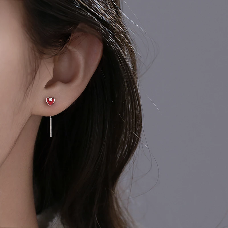 925银耳饰 纯银红色爱心耳线女时尚简约2025新款爆款睡觉免摘耳饰