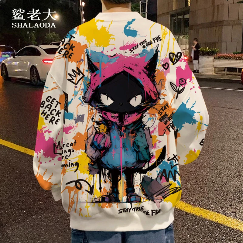 秋季圆领卫衣长袖T恤加绒加厚外套卡通猫咪印花涂鸦上衣休闲衣服