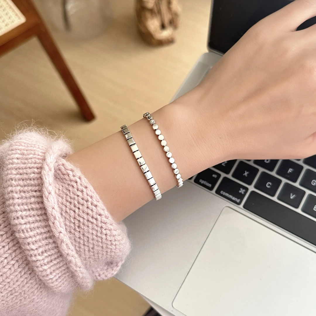 925银手链 ins风时尚简约百搭气质扁豆方块光面拼接手链 3455