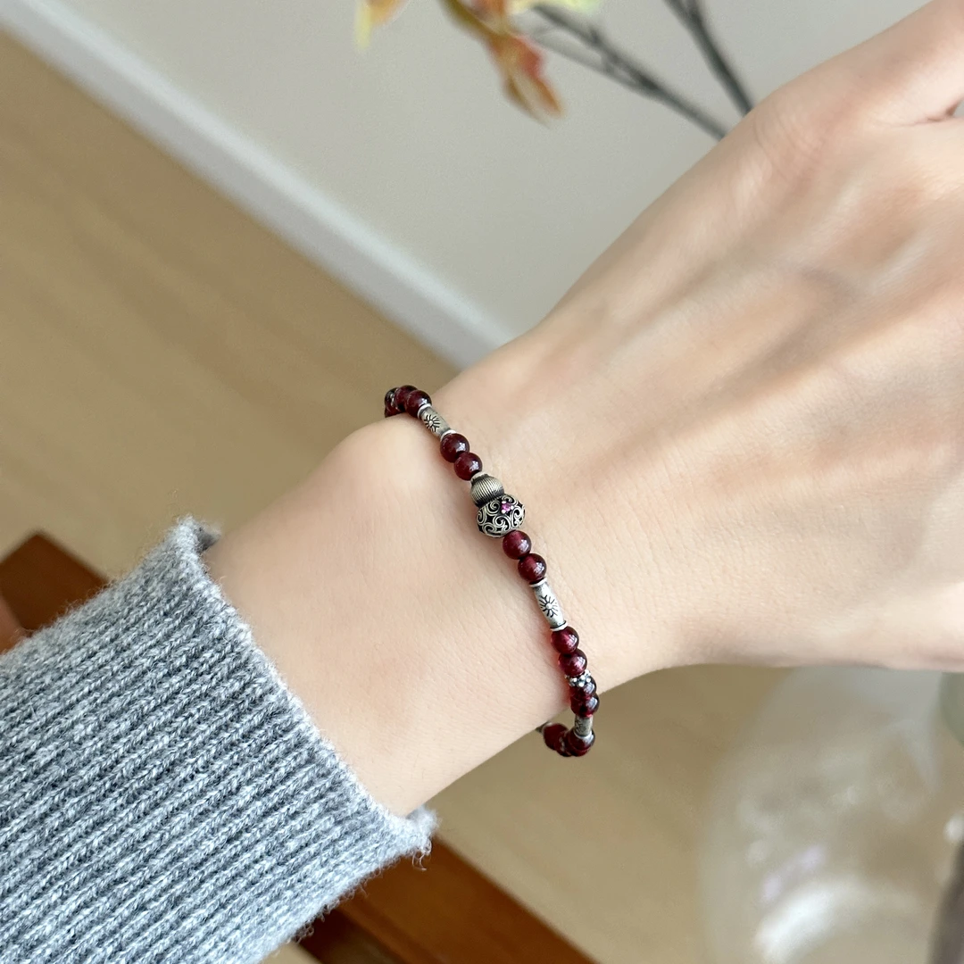 925银手链 国风古风时尚简约百搭气质女红珠葫芦竹结手链 3662
