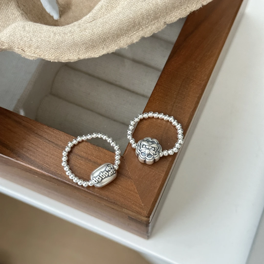 足银戒指 国风古风时尚简约百搭复古女钱多多醒狮弹力戒指1#3617