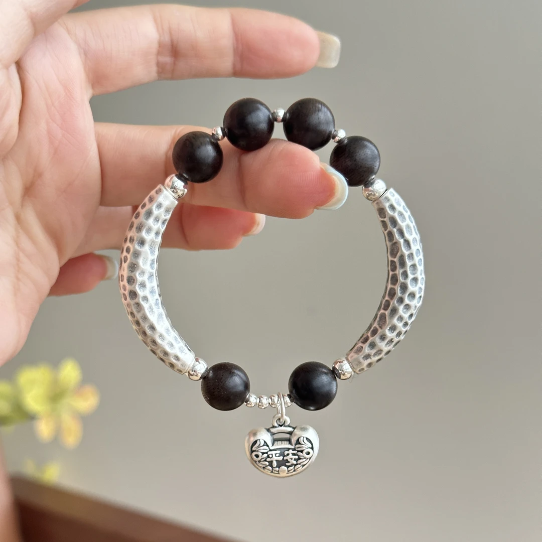 足银手链 国风古风时尚简约百搭气质女黑珠弯管元宝手链 3636