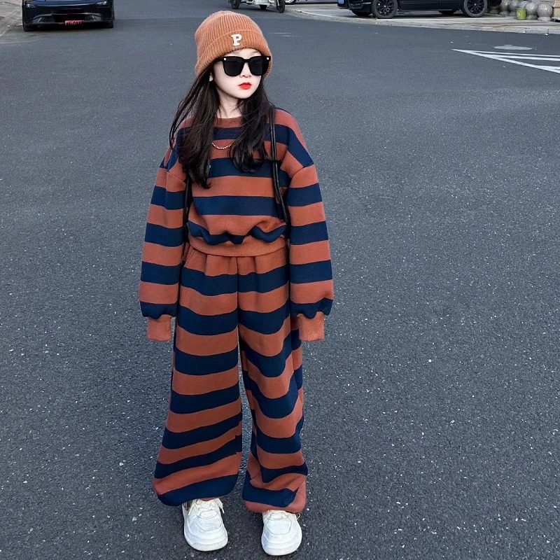 女童条纹套装加绒加厚2025秋冬新款时髦洋气7-15岁休闲运动套装潮