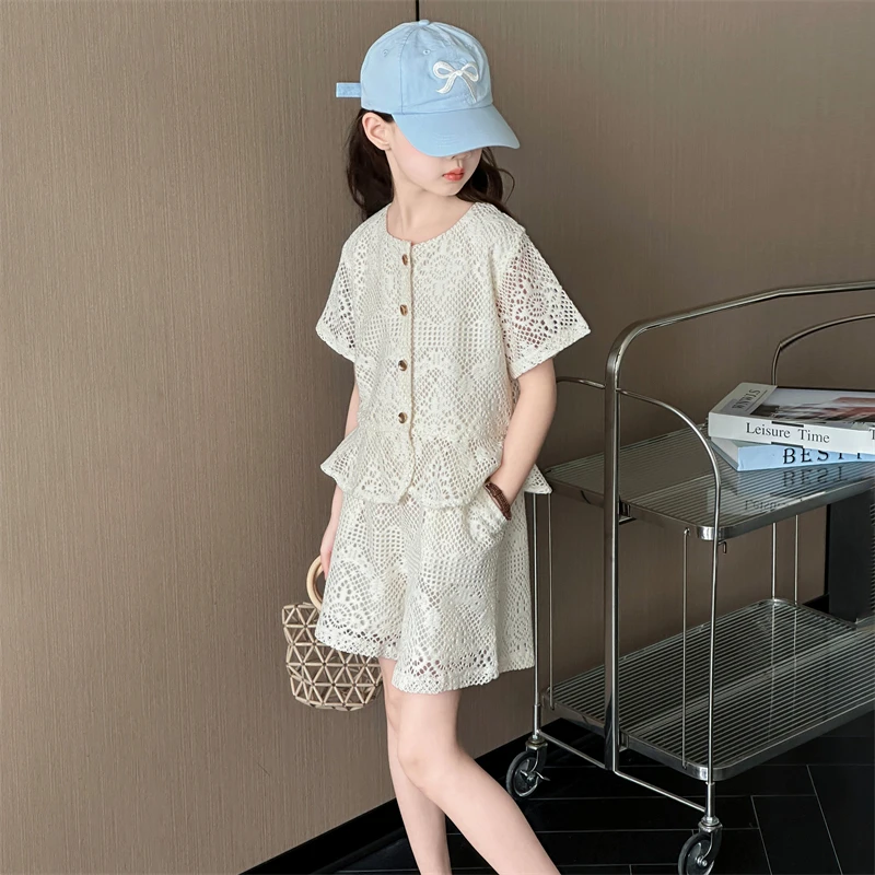 女童套装夏季2025儿童节韩版12洋气休闲小香风气质蕾丝薄款甜美潮