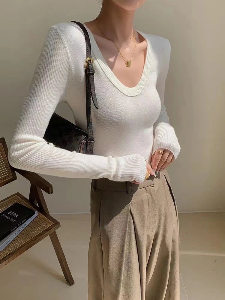 纯欲风v领长袖针织T恤女夏季气质高级感简约性感修身显瘦内搭1305