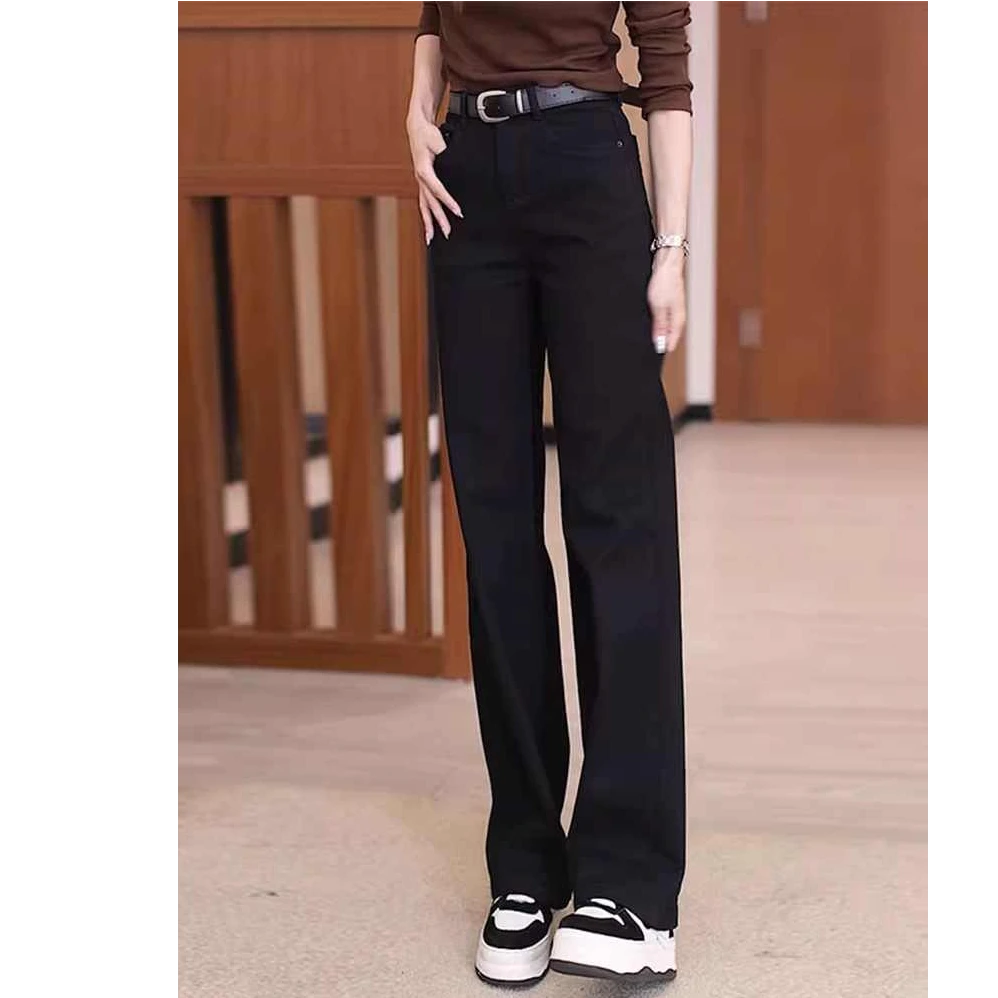 黑色牛仔裤女2025秋冬加绒小个子梨形身材显瘦宽松加长窄版直筒裤