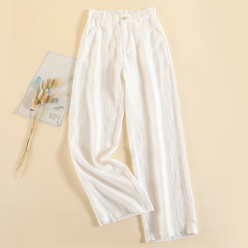 高档裤女天丝亚麻阔腿白色裤子高腰夏季薄款显瘦休闲棉麻宽松筒裤