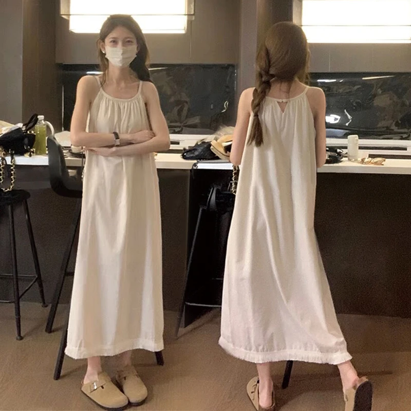 ins风韩系夏款流苏睡裙夏季女款吊带纯色简约居家睡衣长裙可外穿