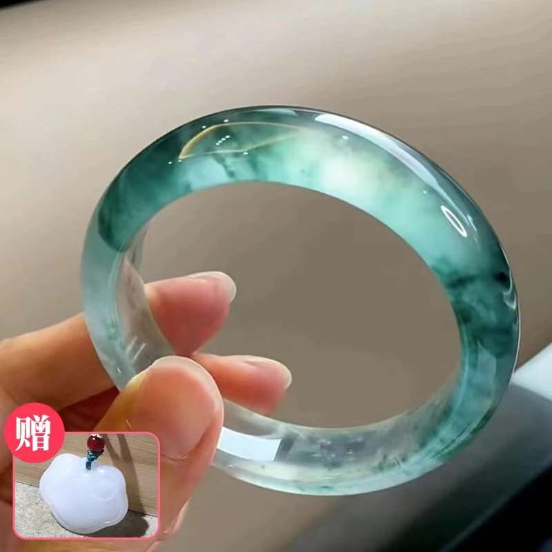 冰透飘花镯子精美正圈高透青花手镯飘绿高冰平安镯