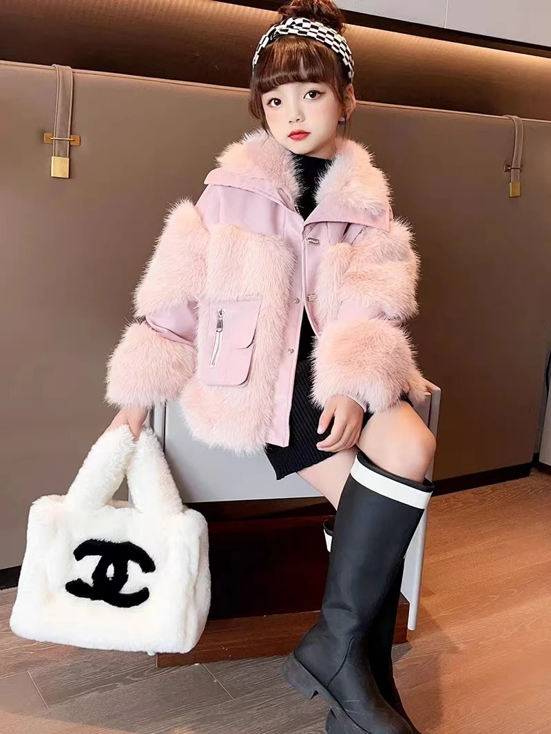 女童外套2023新款秋冬装洋气儿童装棉服韩版加绒加厚中大童仿皮草