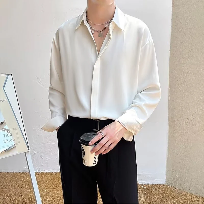 轻熟韩风宽松长袖衬衫男春秋季上衣潮流高级垂感夏季纯色免烫衬衣